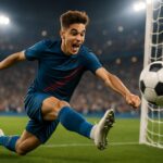 Seorang pemain sepak bola muda yang dinamis sedang mencetak gol di lapangan hijau yang cerah, dengan ekspresi penuh semangat dan latar belakang stadion yang ramai.
