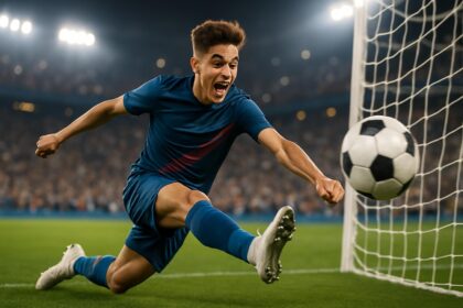 Seorang pemain sepak bola muda yang dinamis sedang mencetak gol di lapangan hijau yang cerah, dengan ekspresi penuh semangat dan latar belakang stadion yang ramai.