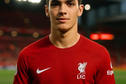 Giovanni Leoni mengenakan jersey Liverpool di Anfield.