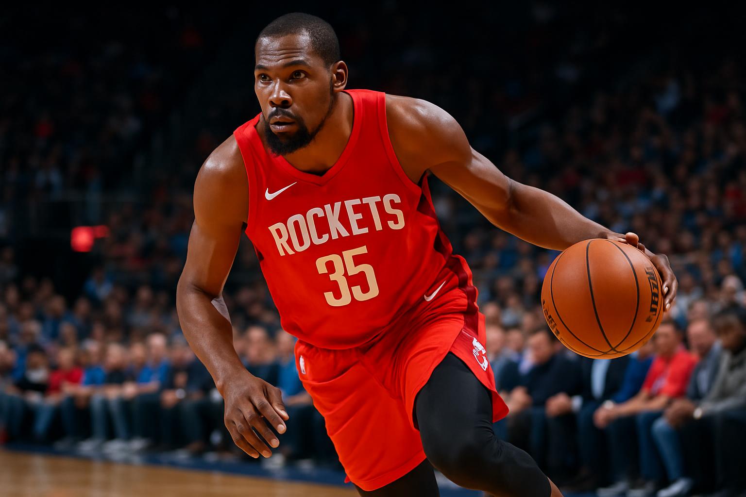 Kevin Durant mengenakan jersey Houston Rockets, sedang menggiring bola di lapangan basket.