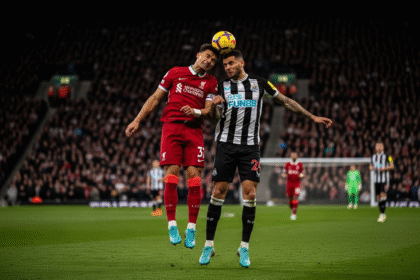 Pemain Liverpool dan Newcastle berebut bola di udara dalam pertandingan Liga Primer yang sengit.