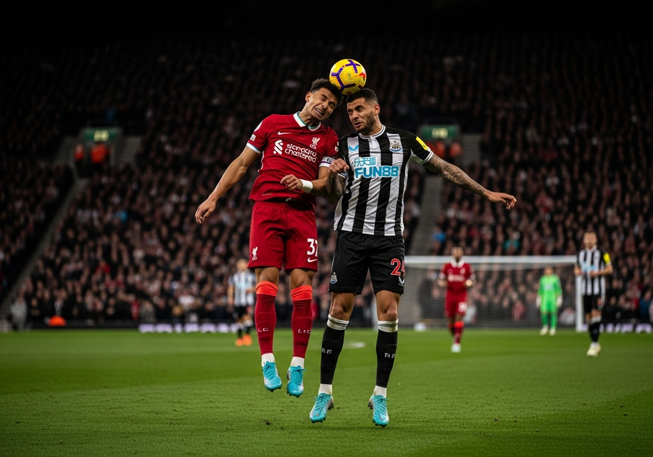 Pemain Liverpool dan Newcastle berebut bola di udara dalam pertandingan Liga Primer yang sengit.