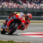 Marc Marquez beraksi di MotoGP Hungaria 2025.