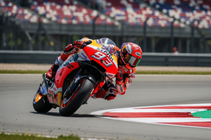 Marc Marquez beraksi di MotoGP Hungaria 2025.