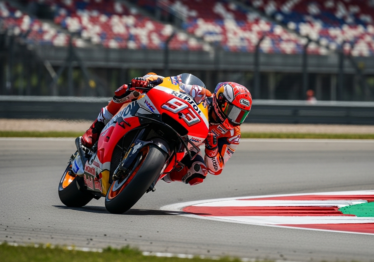 Marc Marquez beraksi di MotoGP Hungaria 2025.
