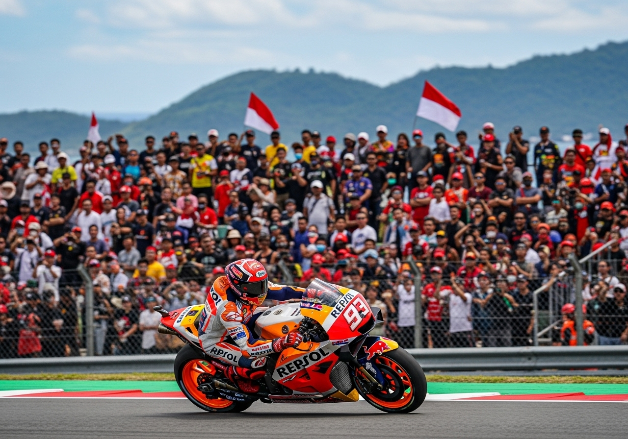 Marc Marquez sedang beraksi dengan kecepatan tinggi di Sirkuit Mandalika, disaksikan oleh para penggemar MotoGP.