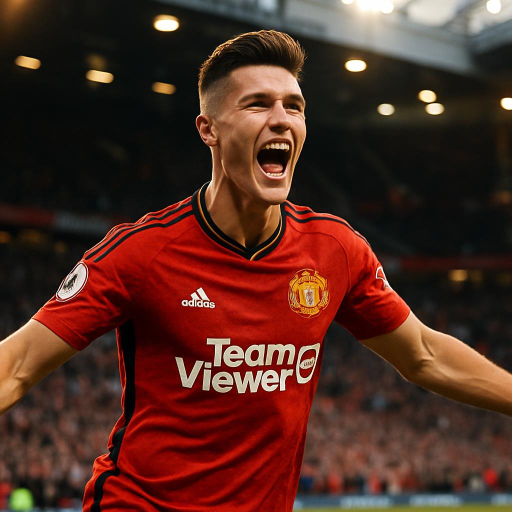 Benjamin Sesko merayakan gol dengan jersey Manchester United.