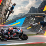 Kolase olahraga dinamis: pembalap MotoGP, pemain sepak bola, dan pemanjat tebing.