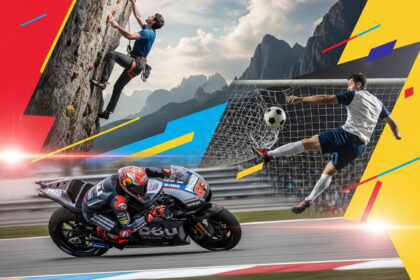 Kolase olahraga dinamis: pembalap MotoGP, pemain sepak bola, dan pemanjat tebing.