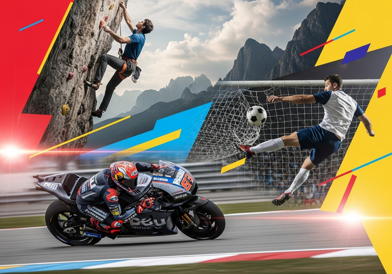 Kolase olahraga dinamis: pembalap MotoGP, pemain sepak bola, dan pemanjat tebing.