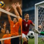 Ilustrasi dinamis menampilkan net voli dan gawang sepak bola dengan aksi pemain di latar belakang, menggambarkan kontroversi dan semangat dalam dunia olahraga.