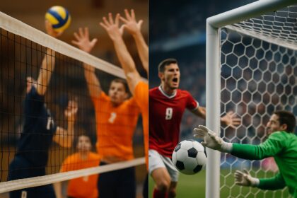 Ilustrasi dinamis menampilkan net voli dan gawang sepak bola dengan aksi pemain di latar belakang, menggambarkan kontroversi dan semangat dalam dunia olahraga.