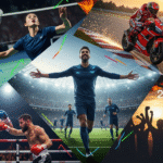 Kolase dinamis event olahraga 2025: pemain sepak bola, bulutangkis, pembalap MotoGP, dan petinju.