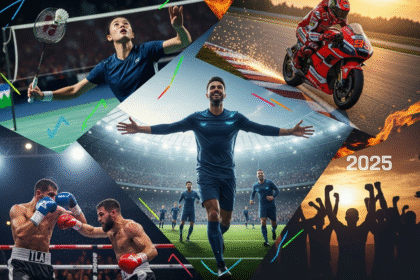 Kolase dinamis event olahraga 2025: pemain sepak bola, bulutangkis, pembalap MotoGP, dan petinju.