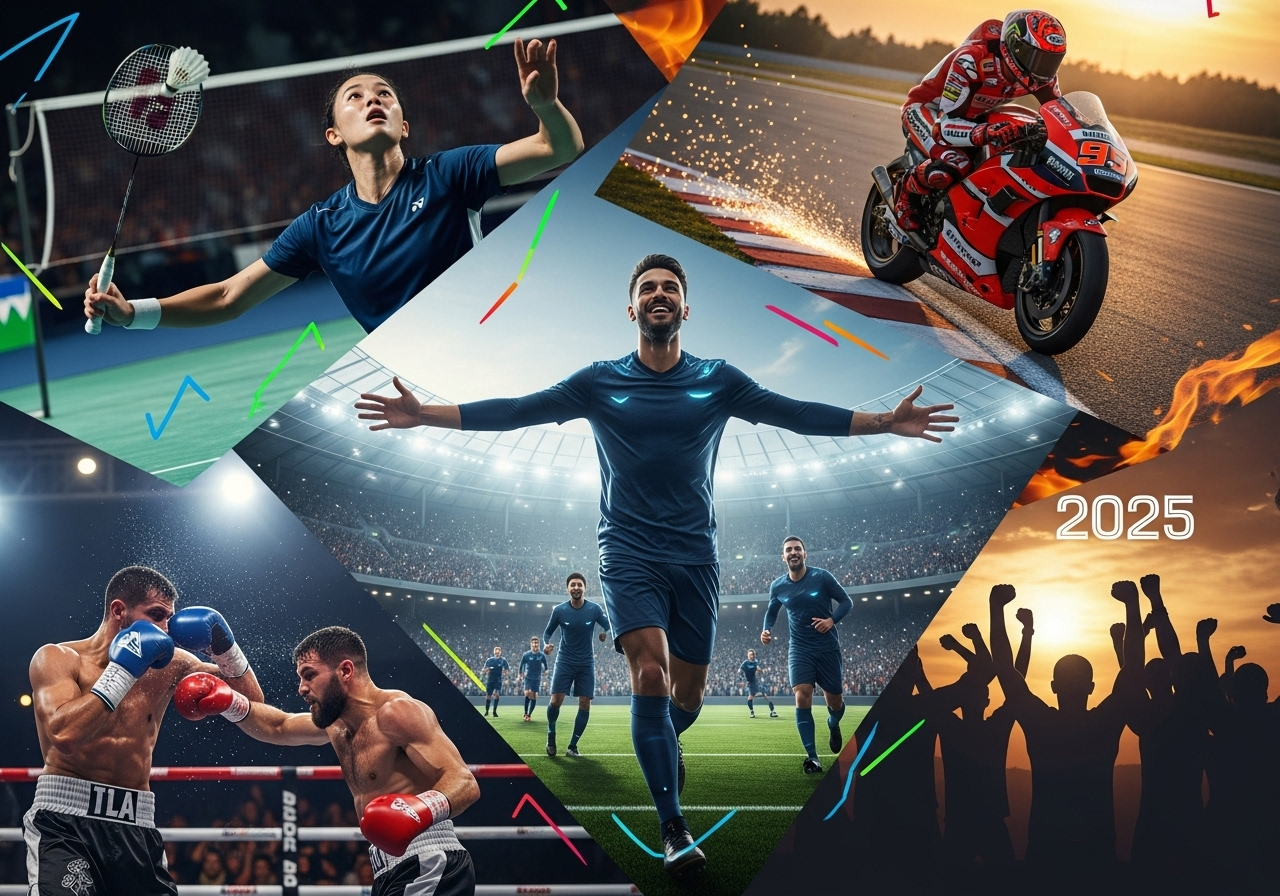 Kolase dinamis event olahraga 2025: pemain sepak bola, bulutangkis, pembalap MotoGP, dan petinju.