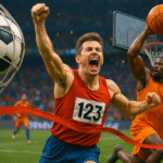 Ilustrasi dinamis momen kemenangan olahraga dengan pemain sepak bola, basket, dan pelari.