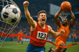 Ilustrasi dinamis momen kemenangan olahraga dengan pemain sepak bola, basket, dan pelari.