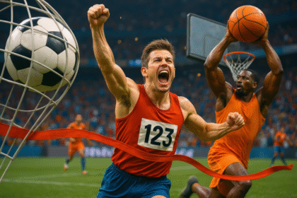 Ilustrasi dinamis momen kemenangan olahraga dengan pemain sepak bola, basket, dan pelari.