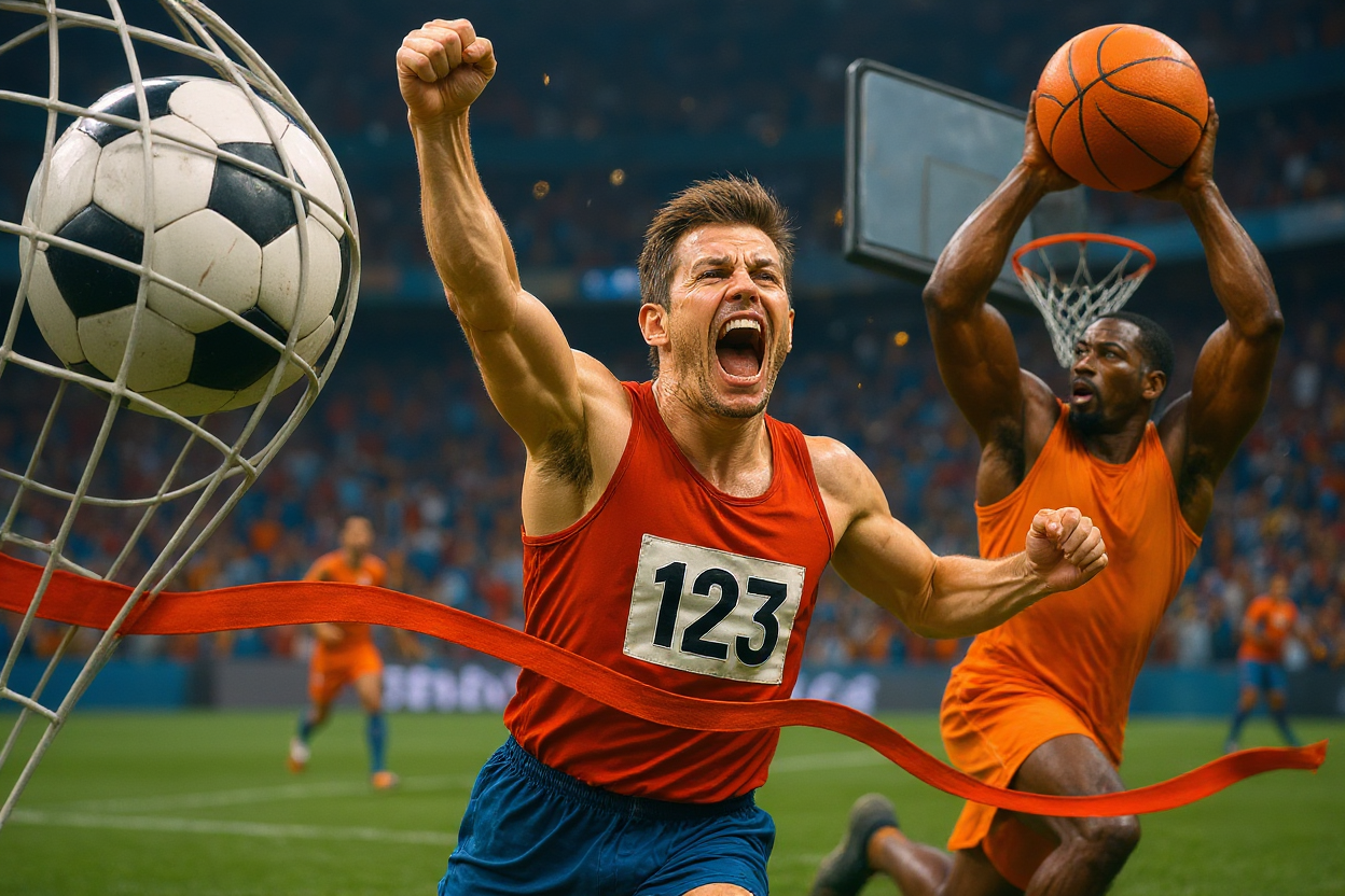 Ilustrasi dinamis momen kemenangan olahraga dengan pemain sepak bola, basket, dan pelari.
