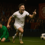 Pemain sepak bola merayakan gol di stadion, simbol kejutan dan bintang baru di sepak bola Eropa.