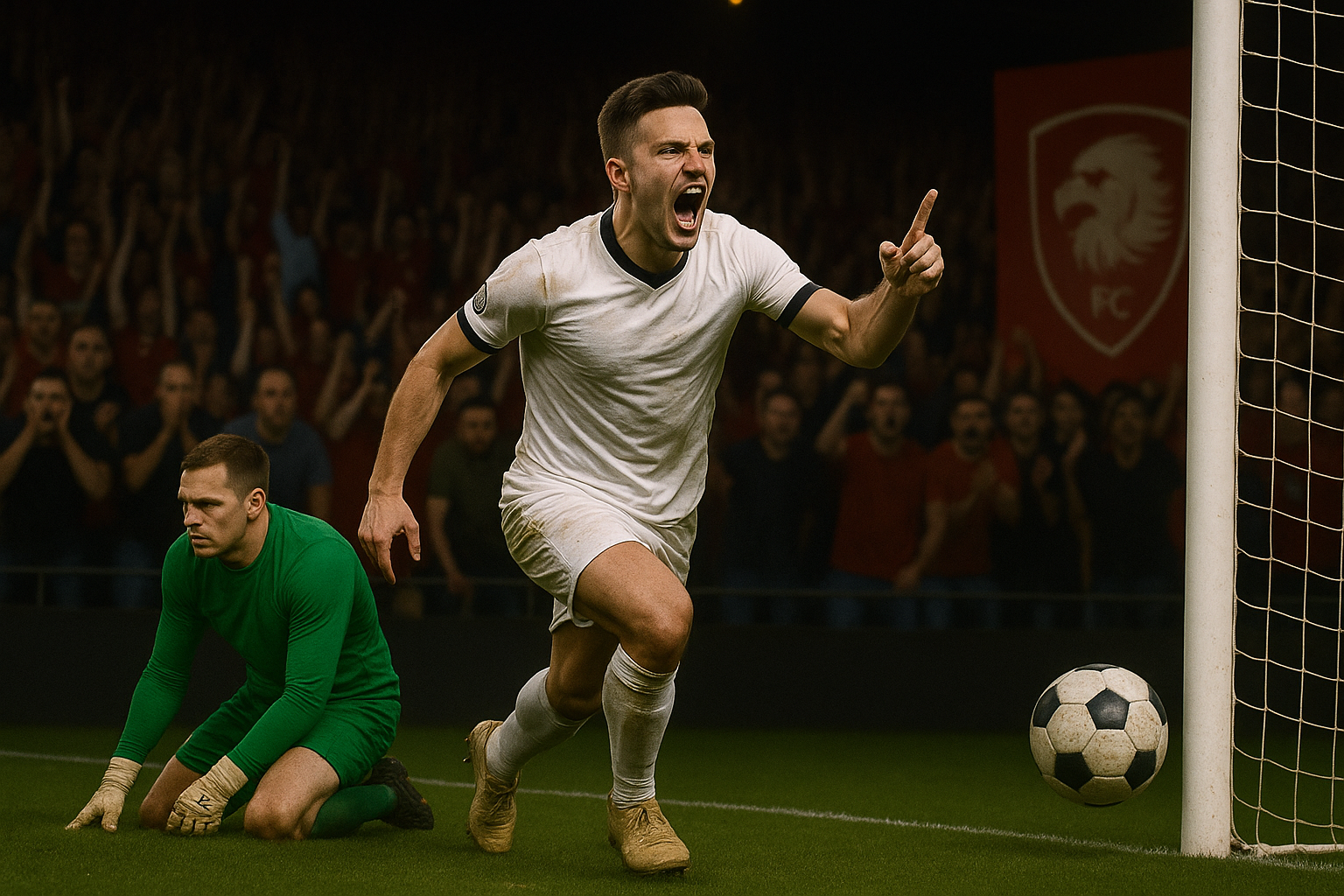 Pemain sepak bola merayakan gol di stadion, simbol kejutan dan bintang baru di sepak bola Eropa.