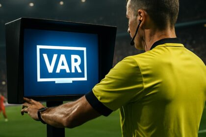 Teknologi VAR dalam sepakbola modern dengan wasit menggunakan sistem video review untuk mengambil keputusan akurat