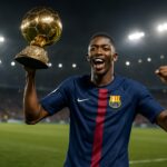 Ousmane Dembele mengangkat trofi Ballon d'Or 2025 di lapangan sepak bola