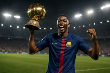 Ousmane Dembele mengangkat trofi Ballon d'Or 2025 di lapangan sepak bola