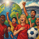 Penggemar sepak bola dari berbagai negara bersorak dengan latar belakang bumi dan stadion, melambangkan persatuan olahraga global.