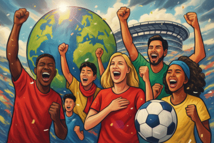 Penggemar sepak bola dari berbagai negara bersorak dengan latar belakang bumi dan stadion, melambangkan persatuan olahraga global.