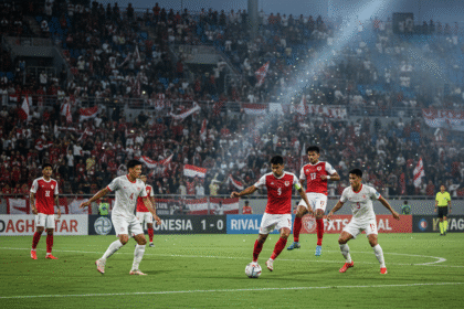 Pemain Timnas Indonesia U-23 beraksi di lapangan hijau saat pertandingan kualifikasi Piala Asia U-23.