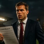 Seorang pemain sepak bola memegang kontrak di tengah stadion, menggambarkan drama transfer