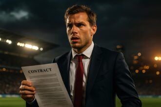 Seorang pemain sepak bola memegang kontrak di tengah stadion, menggambarkan drama transfer