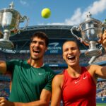 Carlos Alcaraz dan Aryna Sabalenka mengangkat trofi US Open 2025