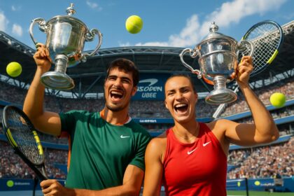Carlos Alcaraz dan Aryna Sabalenka mengangkat trofi US Open 2025