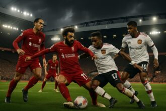 Pemain Liverpool dan Manchester United berebut bola di Anfield