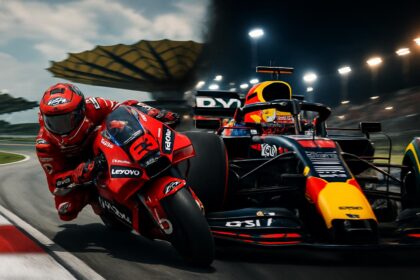 Francesco Bagnaia merayakan pole position MotoGP Malaysia 2025 di Sepang, bersebelahan dengan mobil F1 Red Bull Max Verstappen di GP Meksiko.