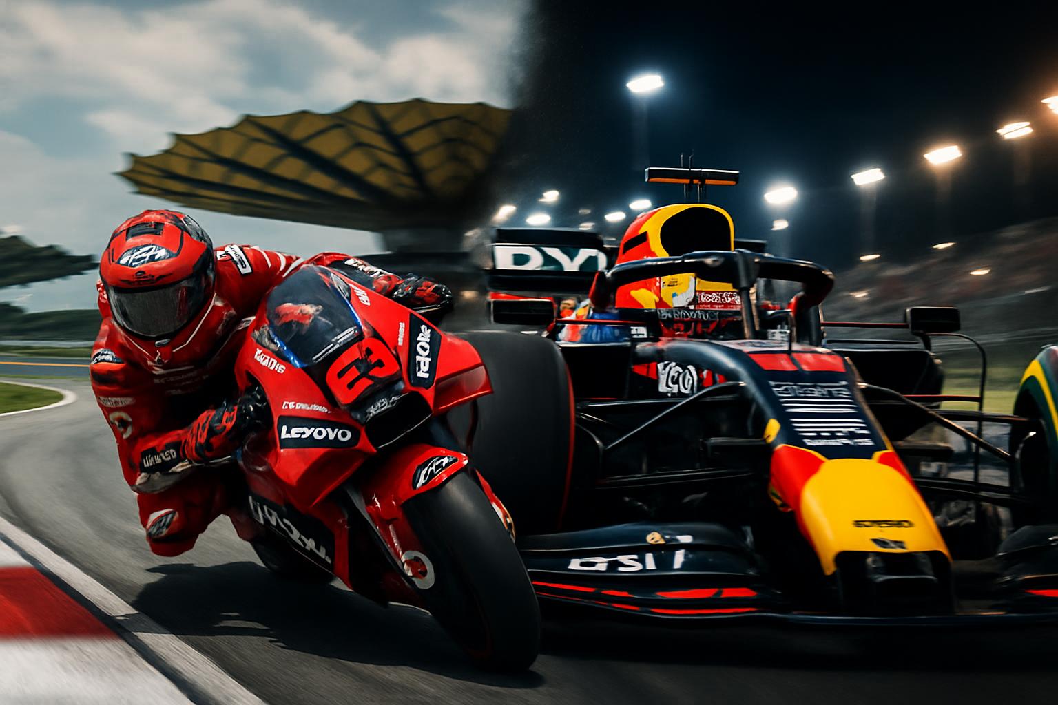 Francesco Bagnaia merayakan pole position MotoGP Malaysia 2025 di Sepang, bersebelahan dengan mobil F1 Red Bull Max Verstappen di GP Meksiko.