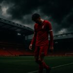 Krisis Liverpool, pemain Liverpool yang sedih berjalan di lapangan Anfield di bawah langit gelap.