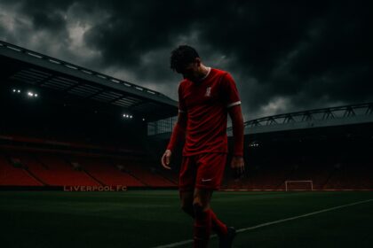Krisis Liverpool, pemain Liverpool yang sedih berjalan di lapangan Anfield di bawah langit gelap.