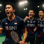 Jonatan Christie dan Fajar Alfian/Muhammad Rian Ardianto merayakan kemenangan di Hylo Open 2025