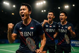 Jonatan Christie dan Fajar Alfian/Muhammad Rian Ardianto merayakan kemenangan di Hylo Open 2025