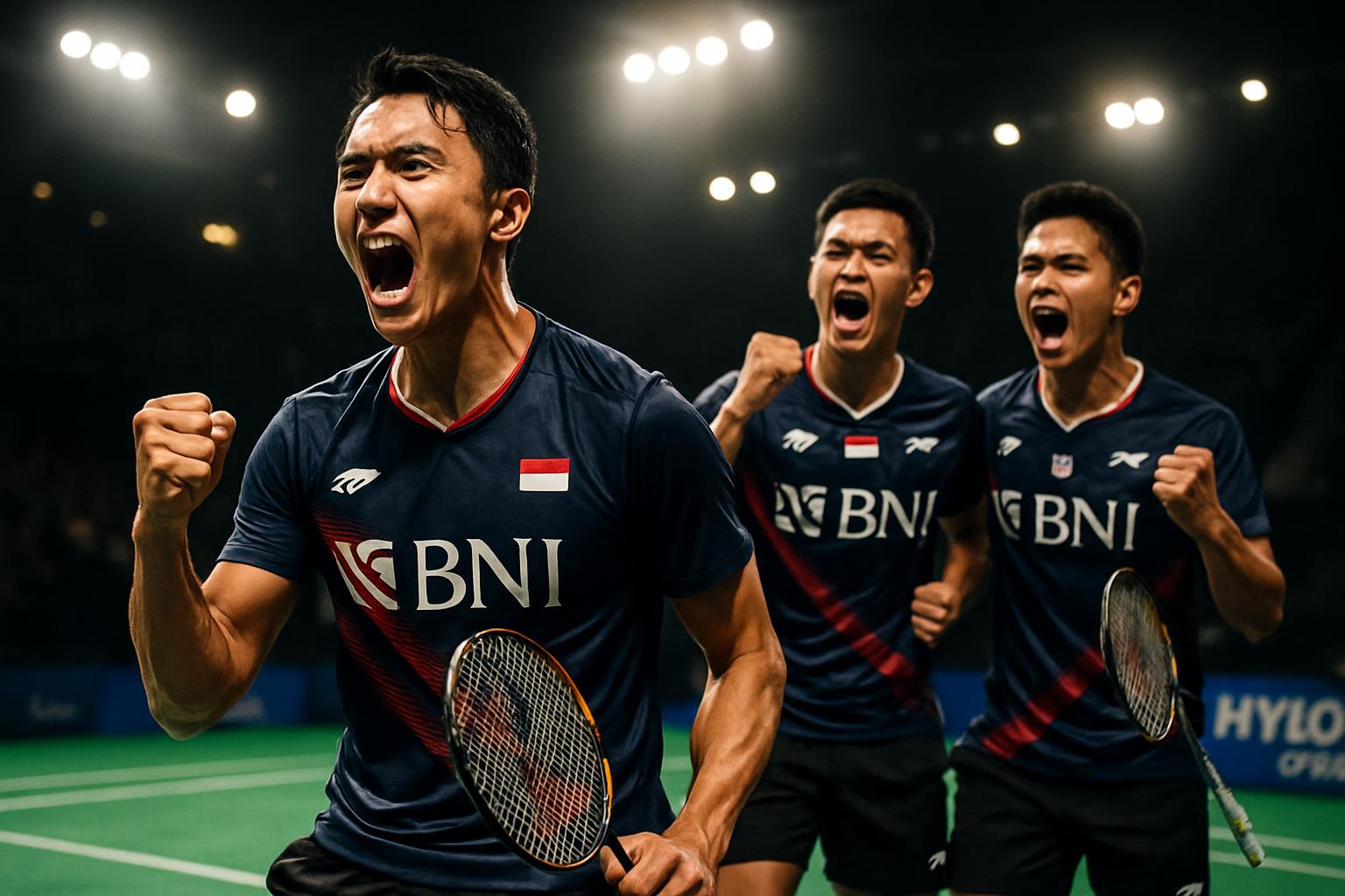 Jonatan Christie dan Fajar Alfian/Muhammad Rian Ardianto merayakan kemenangan di Hylo Open 2025
