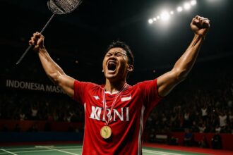 Atlet bulu tangkis Indonesia merayakan kemenangan di Indonesia Masters