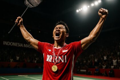 Atlet bulu tangkis Indonesia merayakan kemenangan di Indonesia Masters
