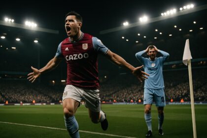 Pemain Aston Villa merayakan gol kemenangan atas Manchester City di Villa Park