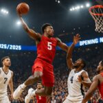 Pemain basket melompat untuk melakukan slam dunk dalam pertandingan pembuka NBA 2025/2026 yang energik.