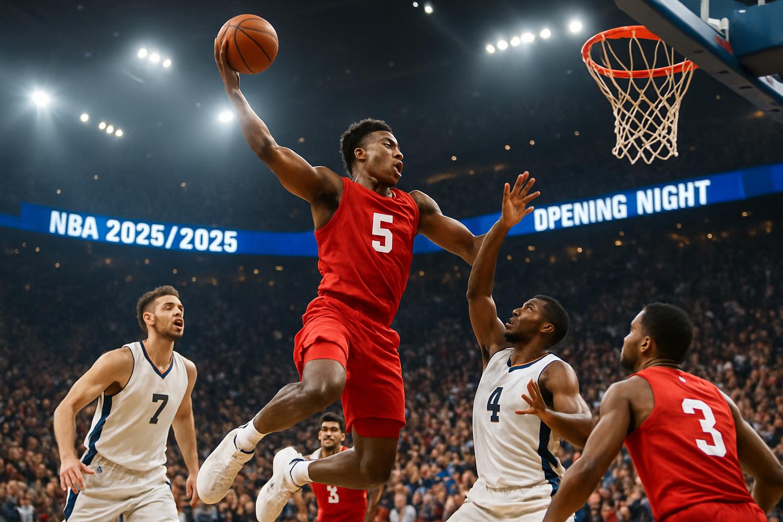 Pemain basket melompat untuk melakukan slam dunk dalam pertandingan pembuka NBA 2025/2026 yang energik.