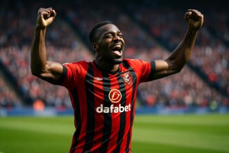 Pemain sepak bola Bournemouth, Antoine Semenyo, merayakan golnya di lapangan hijau.