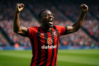 Pemain sepak bola Bournemouth, Antoine Semenyo, merayakan golnya di lapangan hijau.